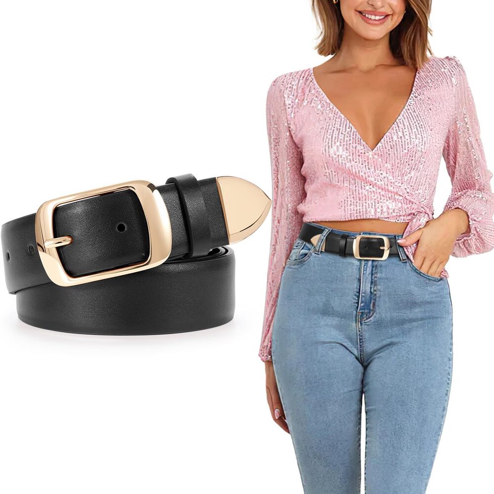3442 Fashion Womens Leather Belt, Soft Waist Belt With Gold Pin Buckle